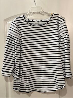 Chico's Black & White Striped Smocked-Sleeve Top